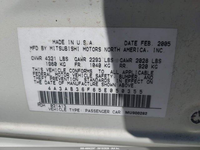 46062297 :رقم المزاد ، 4A3AB36F65E050355 vin ، 2005 Mitsubishi Galant Es/se مزاد بيع