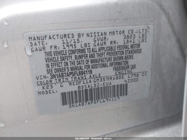 Продаж на аукціоні авто 2015 Nissan Sentra Sv, vin: 3N1AB7AP5FL694119, номер лоту: 46062299