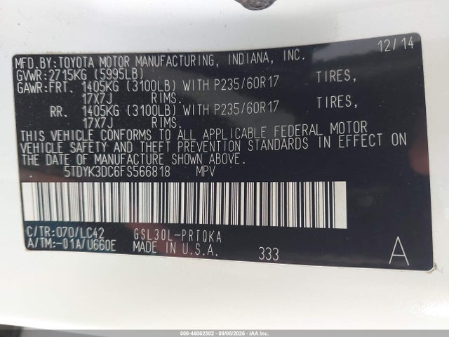 46062302 :رقم المزاد ، 5TDYK3DC6FS566818 vin ، 2015 Toyota Sienna Xle 8 Passenger مزاد بيع