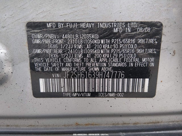 2009 Subaru Forester 2.5x მანქანა იყიდება აუქციონზე, vin: JF2SH61639H747776, აუქციონის ნომერი: 46062304