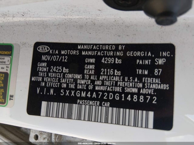 2013 Kia Optima Lx მანქანა იყიდება აუქციონზე, vin: 5XXGM4A72DG148872, აუქციონის ნომერი: 46062305
