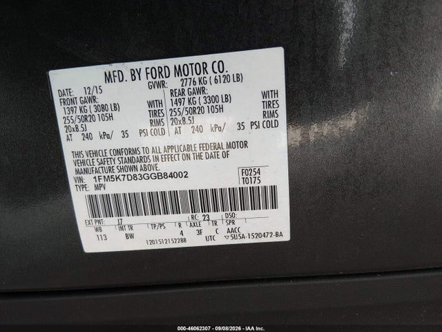 46062307 :رقم المزاد ، 1FM5K7D83GGB84002 vin ، 2016 Ford Explorer Xlt مزاد بيع