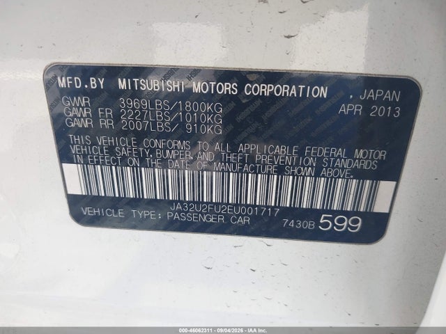 46062311 :رقم المزاد ، JA32U2FU2EU001717 vin ، 2014 Mitsubishi Lancer Es مزاد بيع