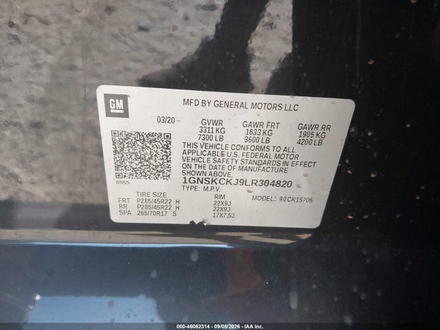 2020 Chevrolet Tahoe 4wd Premier მანქანა იყიდება აუქციონზე, vin: 1GNSKCKJ9LR304820, აუქციონის ნომერი: 46062314