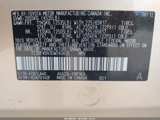 Продаж на аукціоні авто 2012 Toyota Rav4 Limited, vin: 2T3DF4DV3CW240835, номер лоту: 46062326