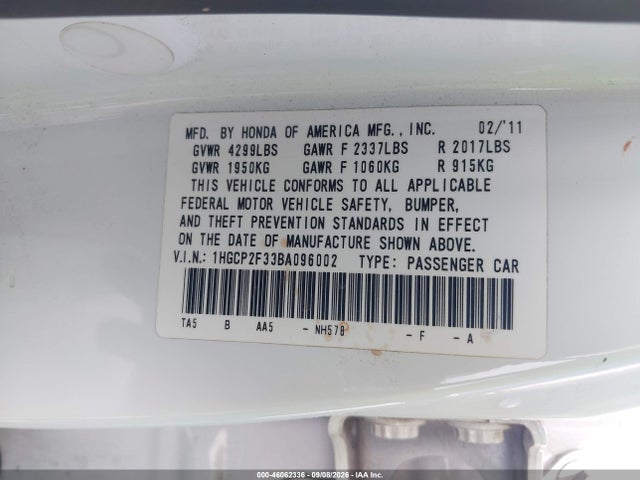 2011 Honda Accord 2.4 Lx მანქანა იყიდება აუქციონზე, vin: 1HGCP2F33BA096002, აუქციონის ნომერი: 46062336