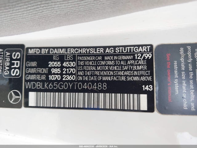 2000 Mercedes-benz Clk 320 მანქანა იყიდება აუქციონზე, vin: WDBLK65G0YT040488, აუქციონის ნომერი: 46062338