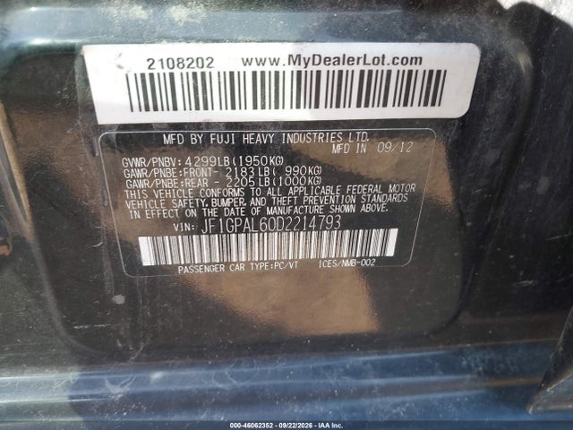 46062352 :رقم المزاد ، JF1GPAL60D2214793 vin ، 2013 Subaru Impreza 2.0i Sport Premium مزاد بيع