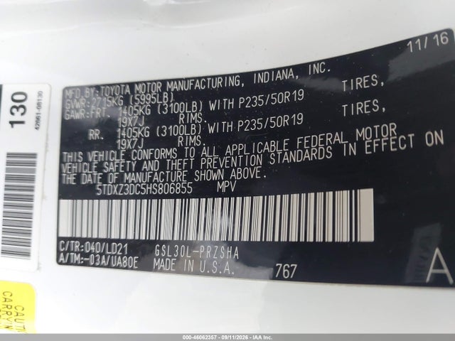 Aukcja sprzedaży 2017 Toyota Sienna Se 8 Passenger, vin: 5TDXZ3DC5HS806855, numer aukcji: 46062357