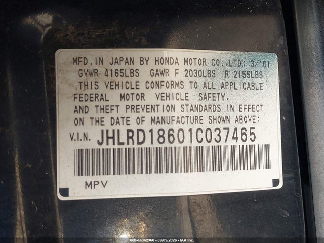 46062368 :رقم المزاد ، JHLRD18601C037465 vin ، 2001 Honda Cr-v Ex مزاد بيع
