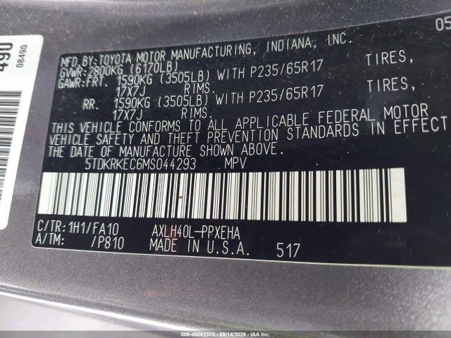 Aukcja sprzedaży 2021 Toyota Sienna Le, vin: 5TDKRKEC6MS044293, numer aukcji: 46062372