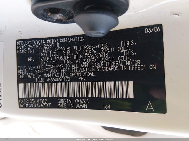 Продажа на аукционе авто 2006 Toyota 4runner Limited V6, vin: JTEBU17R660098172, номер лота: 46062381