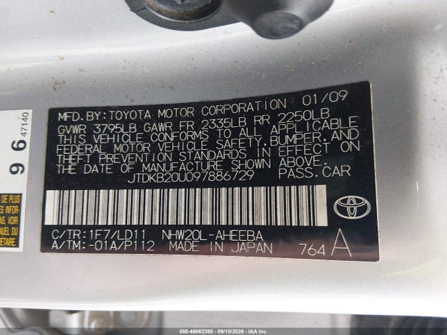 Aukcja sprzedaży 2009 Toyota Prius Touring, vin: JTDKB20U097886729, numer aukcji: 46062390