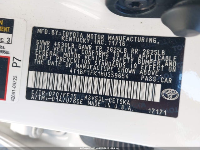 Toyota CAMRY SE 2017 4T1BF1FK1HU359654 Image 9