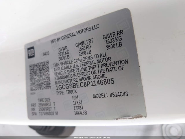 46062411 :رقم المزاد ، 1GCGSBEC8P1146805 vin ، 2023 Chevrolet Colorado 2wd  Short Box Wt مزاد بيع