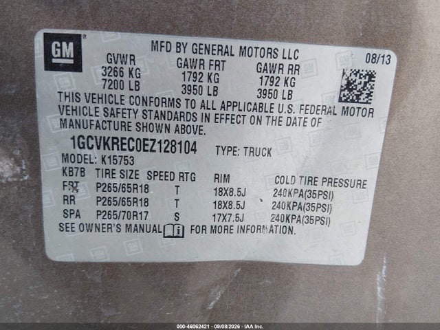 Продаж на аукціоні авто 2014 Chevrolet Silverado 1500 2lt, vin: 1GCVKREC0EZ128104, номер лоту: 46062421