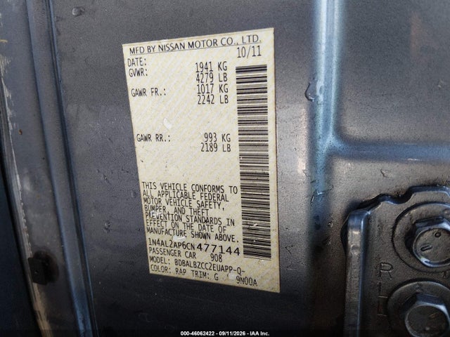 2012 Nissan Altima 2.5 S მანქანა იყიდება აუქციონზე, vin: 1N4AL2AP6CN477144, აუქციონის ნომერი: 46062422