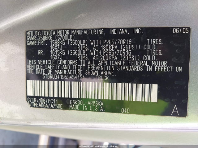 Auction sale of the 2005 Toyota Tundra Sr5, vin: 5TBRU34195S454454, lot number: 46062423