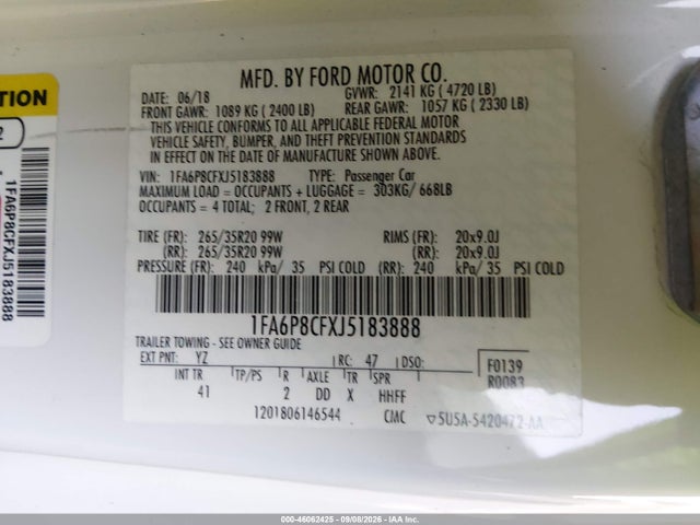 46062425 :رقم المزاد ، 1FA6P8CFXJ5183888 vin ، 2018 Ford Mustang Gt Premium مزاد بيع