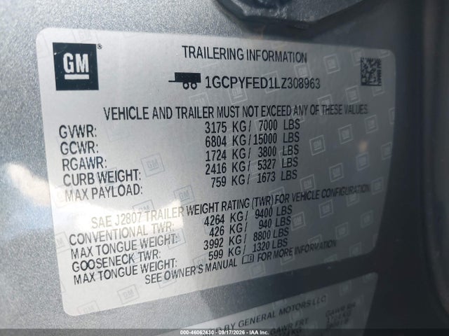 46062430 :رقم المزاد ، 1GCPYFED1LZ308963 vin ، 2020 Chevrolet Silverado 1500 4wd  Short Bed Lt Trail Boss مزاد بيع