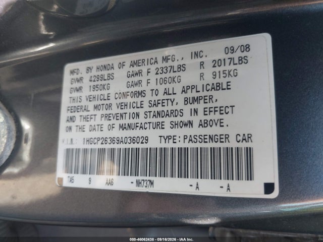 2009 Honda Accord 2.4 Lx მანქანა იყიდება აუქციონზე, vin: 1HGCP26369A036029, აუქციონის ნომერი: 46062438