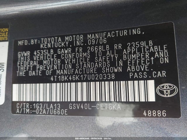 2007 Toyota Camry Xle V6 მანქანა იყიდება აუქციონზე, vin: 4T1BK46K17U020338, აუქციონის ნომერი: 46062446