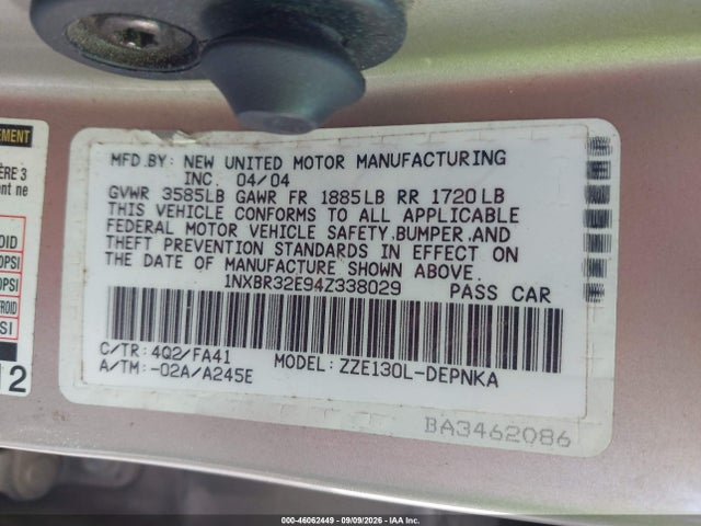 Aukcja sprzedaży 2004 Toyota Corolla Le, vin: 1NXBR32E94Z338029, numer aukcji: 46062449