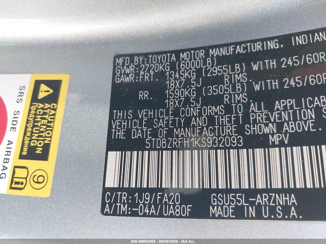 Toyota Highlander Le Plus 2019 5TDBZRFH1KS932093 Image 9