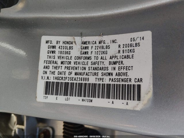 46062495 :رقم المزاد ، 1HGCR2F35EA236999 vin ، 2014 Honda Accord Lx مزاد بيع