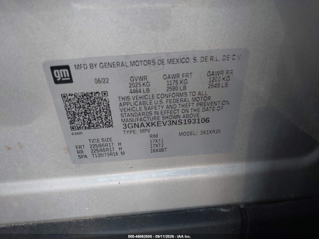 Продаж на аукціоні авто 2022 Chevrolet Equinox Fwd Lt, vin: 3GNAXKEV3NS193106, номер лоту: 46062505