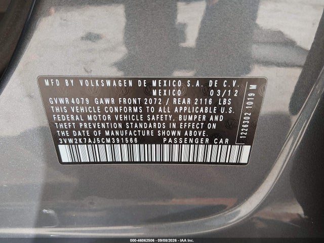 46062506 :رقم المزاد ، 3VW2K7AJ5CM391566 vin ، 2012 Volkswagen Jetta 2.0l S مزاد بيع