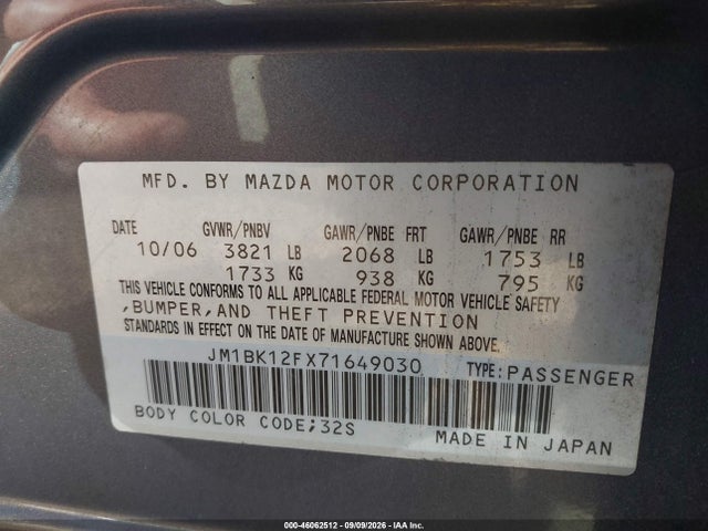 Продаж на аукціоні авто 2007 Mazda Mazda3 I Sport, vin: JM1BK12FX71649030, номер лоту: 46062512