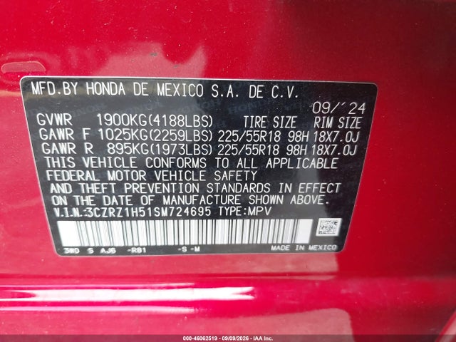 Продажа на аукционе авто 2025 Honda Hr-v 2wd Sport, vin: 3CZRZ1H51SM724695, номер лота: 46062519
