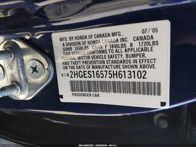 2005 Honda Civic Lx მანქანა იყიდება აუქციონზე, vin: 2HGES16575H613102, აუქციონის ნომერი: 46062520