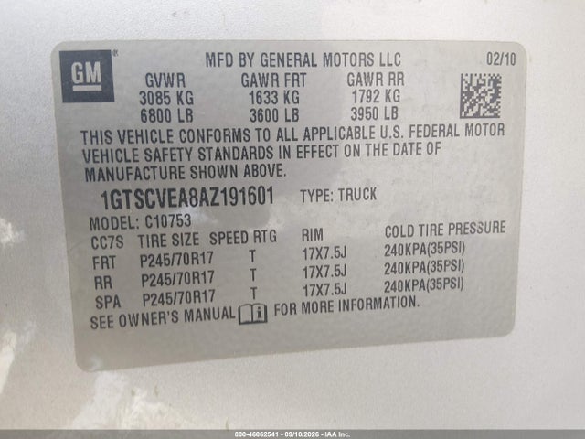 Продаж на аукціоні авто 2010 Gmc Sierra 1500 Sle, vin: 1GTSCVEA8AZ191601, номер лоту: 46062541