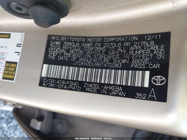 Aukcja sprzedaży 2011 Toyota Prius Two, vin: JTDKN3DU9B1472283, numer aukcji: 46062546