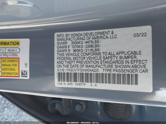 46062547 :رقم المزاد ، 1HGCV1F3XNA044225 vin ، 2022 Honda Accord Sport مزاد بيع