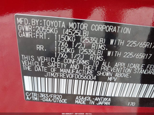 Aukcja sprzedaży 2015 Toyota Rav4 Le, vin: JTMZFREV0FD056004, numer aukcji: 46062577