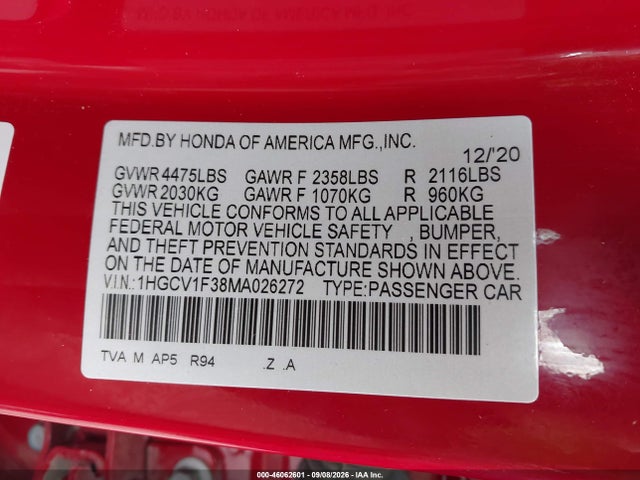Продаж на аукціоні авто 2021 Honda Accord Sport, vin: 1HGCV1F38MA026272, номер лоту: 46062601