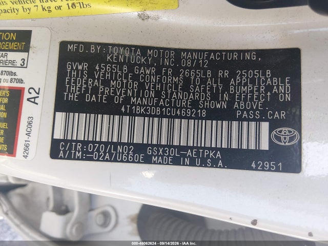 Продажа на аукционе авто 2012 Toyota Avalon Limited, vin: 4T1BK3DB1CU469218, номер лота: 46062624