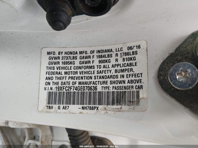46062637 :رقم المزاد ، 19XFC2F74GE070636 vin ، 2016 Honda Civic Ex مزاد بيع