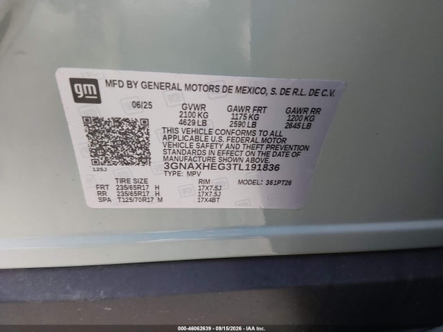 46062639 :رقم المزاد ، 3GNAXHEG3TL191836 vin ، 2026 Chevrolet Equinox Fwd Lt مزاد بيع