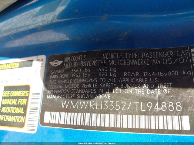 Продаж на аукціоні авто 2007 Mini Cooper S, vin: WMWRH33527TL94888, номер лоту: 46062644