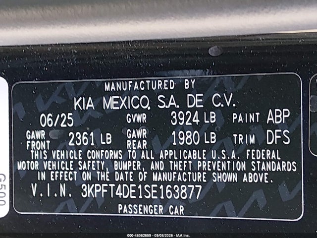 Продаж на аукціоні авто 2025 Kia K4 Lxs, vin: 3KPFT4DE1SE163877, номер лоту: 46062659