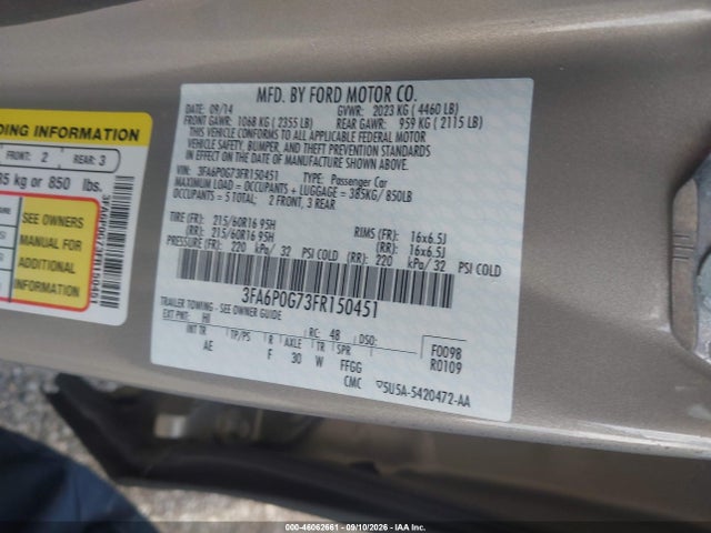 Продаж на аукціоні авто 2015 Ford Fusion S, vin: 3FA6P0G73FR150451, номер лоту: 46062661