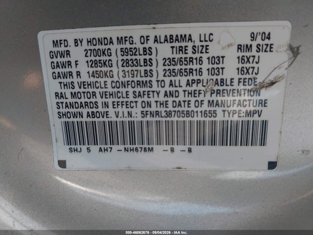 2005 Honda Odyssey Ex-l მანქანა იყიდება აუქციონზე, vin: 5FNRL38705B011655, აუქციონის ნომერი: 46062676