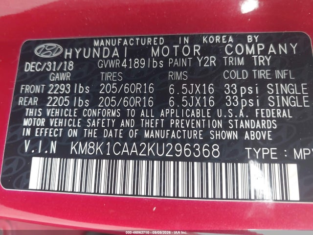 Aukcja sprzedaży 2019 Hyundai Kona Se, vin: KM8K1CAA2KU296368, numer aukcji: 46062710