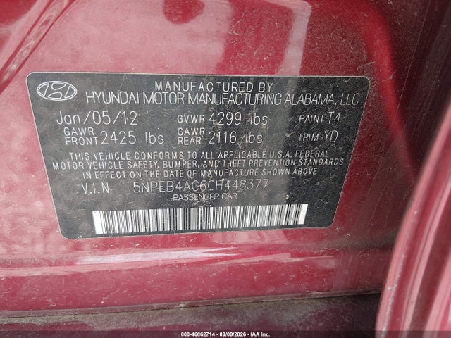 Продаж на аукціоні авто 2012 Hyundai Sonata Gls, vin: 5NPEB4AC6CH448377, номер лоту: 46062714