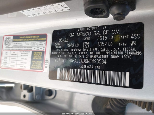 Aukcja sprzedaży 2022 Kia Rio 5-door S, vin: 3KPA25AD6NE493534, numer aukcji: 46062719