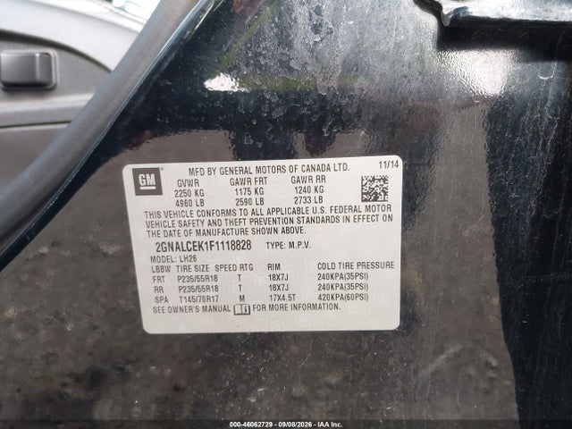 Auction sale of the 2015 Chevrolet Equinox 2lt, vin: 2GNALCEK1F1118828, lot number: 46062729